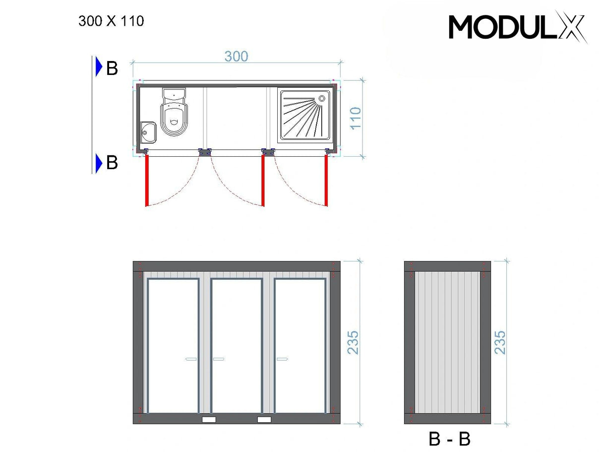 WC – Umkleide -Dusche Container ( 1x WC + 1x Umkleide +1x Dusche) 110x300 (SAN-314)