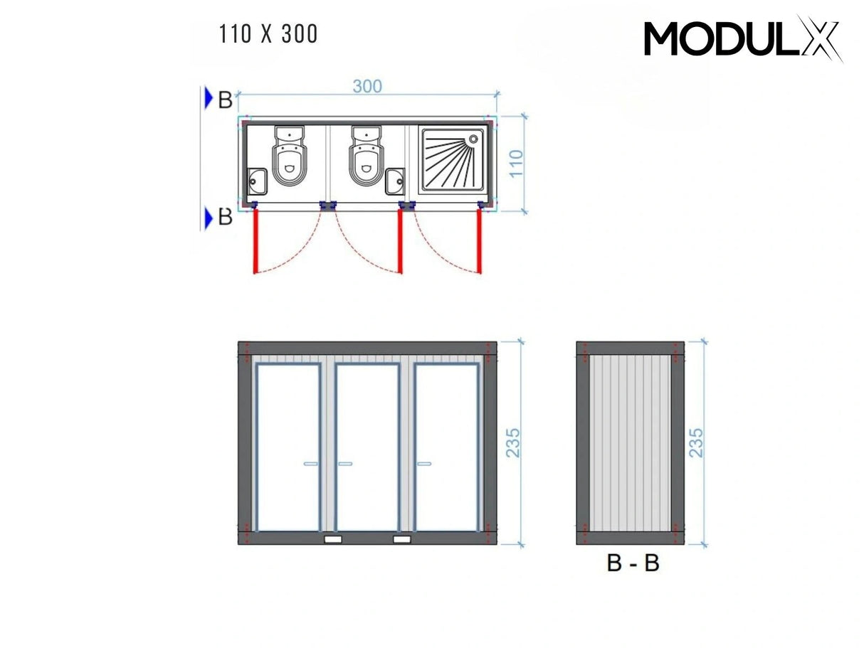 WC – Dusche Container ( 2x WC + 1x Dusche) 110x300 (SAN-316)